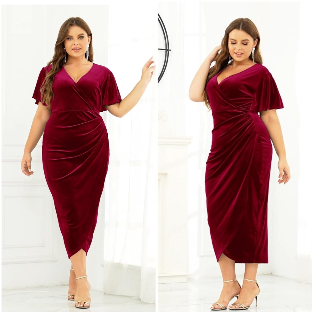 EUC Ieyook Wine Red Velvet V Ruched Short Sleeve Wrap Cocktail Dress XL 16